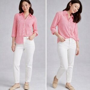Talbots Wrinkle Resistant Button Up Blouse Coral White Geometric Cotton 6